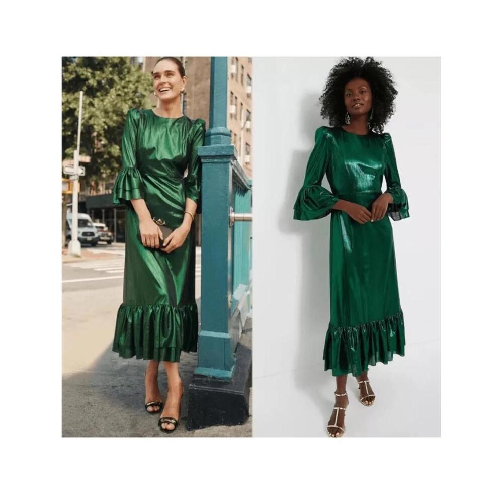 Tuckernuck Emerald Green Satin Midi Dress with Ruffle Hem